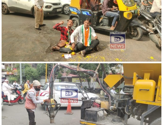 खड्डे बुजवण्यासाठी काँग्रेसचे गांधिगिरी आंदोलन करताच महापालिकेची यंत्रणा सक्रिय, अर्ध्या तासात आंदोलनस्थळी पोहोचली गाडी