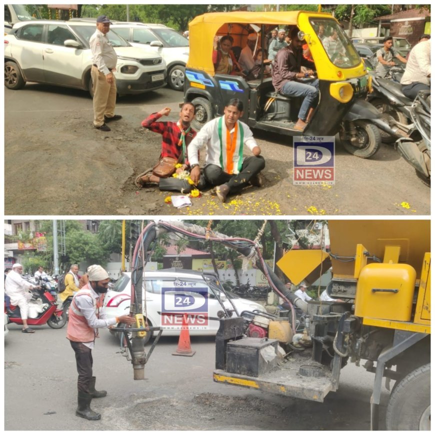 खड्डे बुजवण्यासाठी काँग्रेसचे गांधिगिरी आंदोलन करताच महापालिकेची यंत्रणा सक्रिय, अर्ध्या तासात आंदोलनस्थळी पोहोचली गाडी